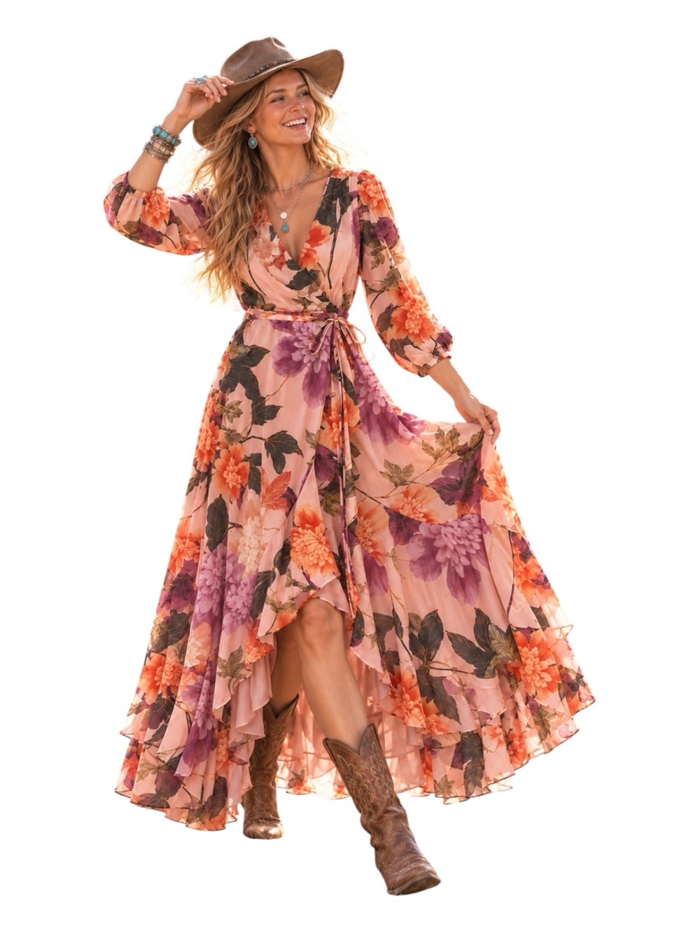 ELEGANT FLORAL WRAP MAXI DRESS 3/4 SLEEVE V-NECK TIERED RUFFLE HEM Women’s 16 - Picture 7 of 15
